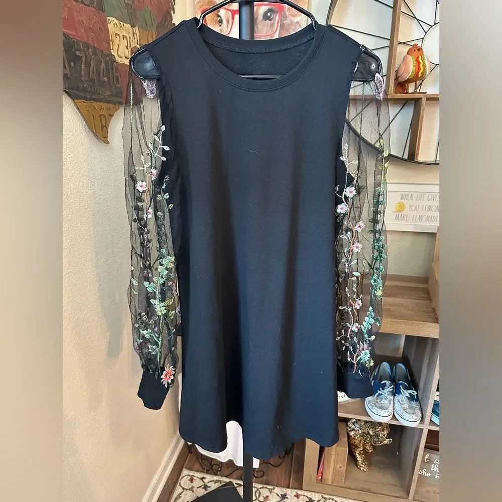 Black Tunic Dress with Embroidered Sheer Sleeves - Picture 2 of 6